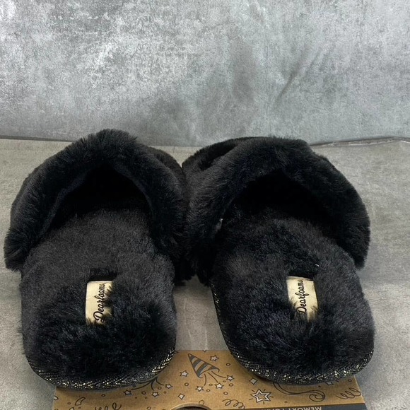 Dearfoams Women's Black Faux-Fur Memory Foam I do Crew Slide Slippers SZ XL - Picture 7 of 10